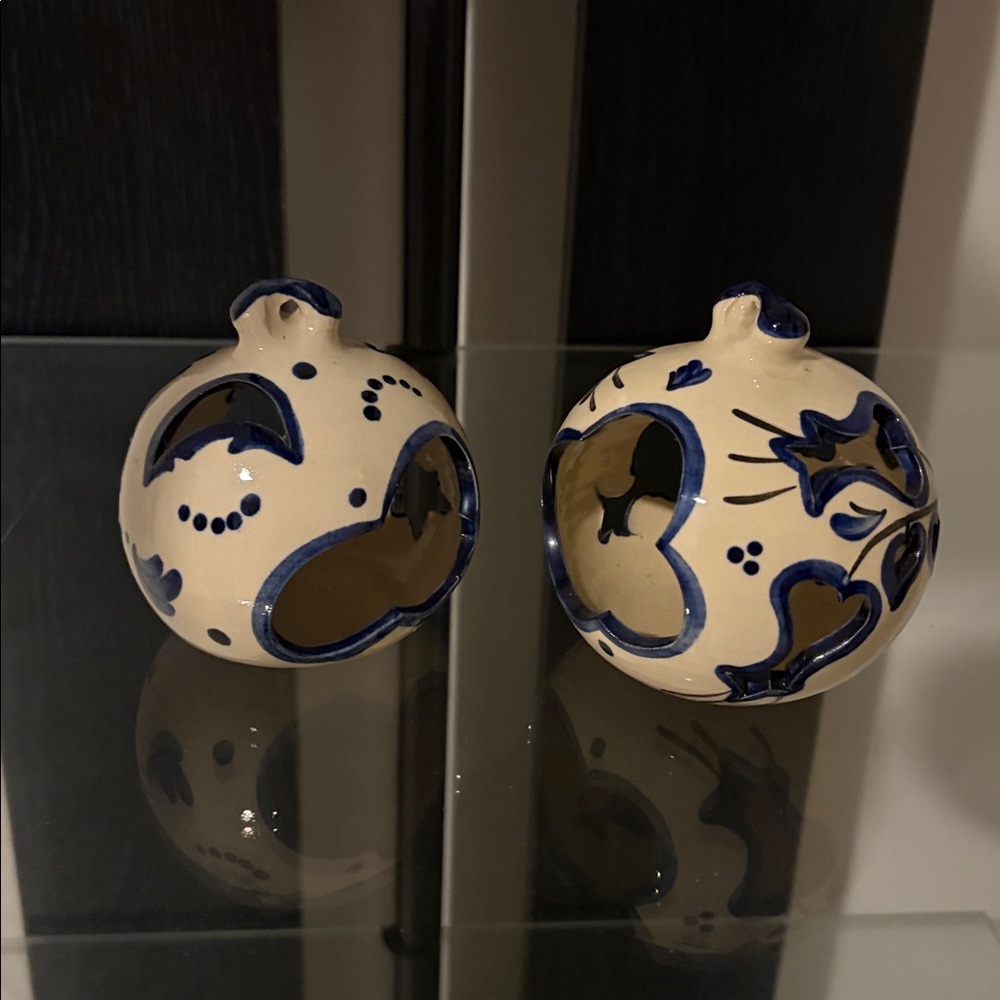 Set of 2 Blue & cream colored Ceramic Candle Holders | Heart/Star Cutouts